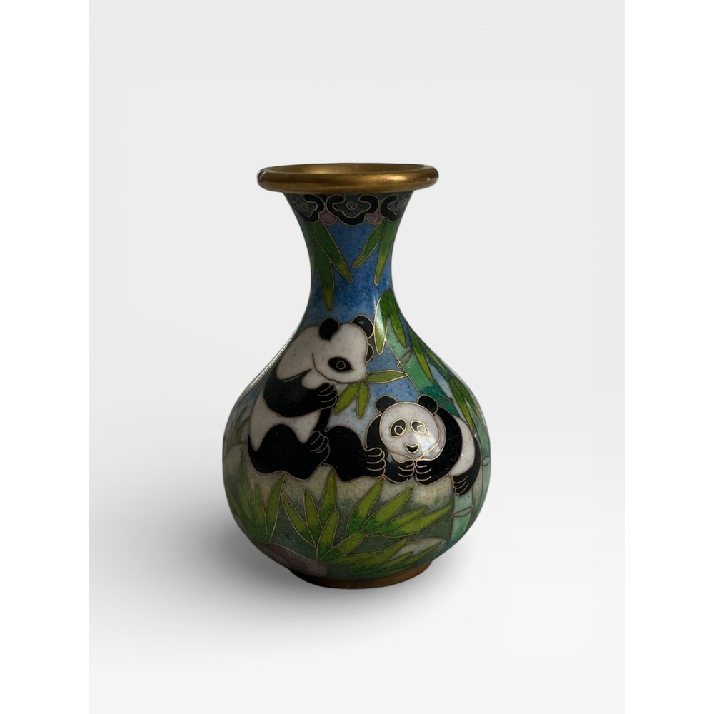 Vintage Chinese Cloisonne Enamel Panda Bamboo Miniature Bud Vase 4 Inch Brass